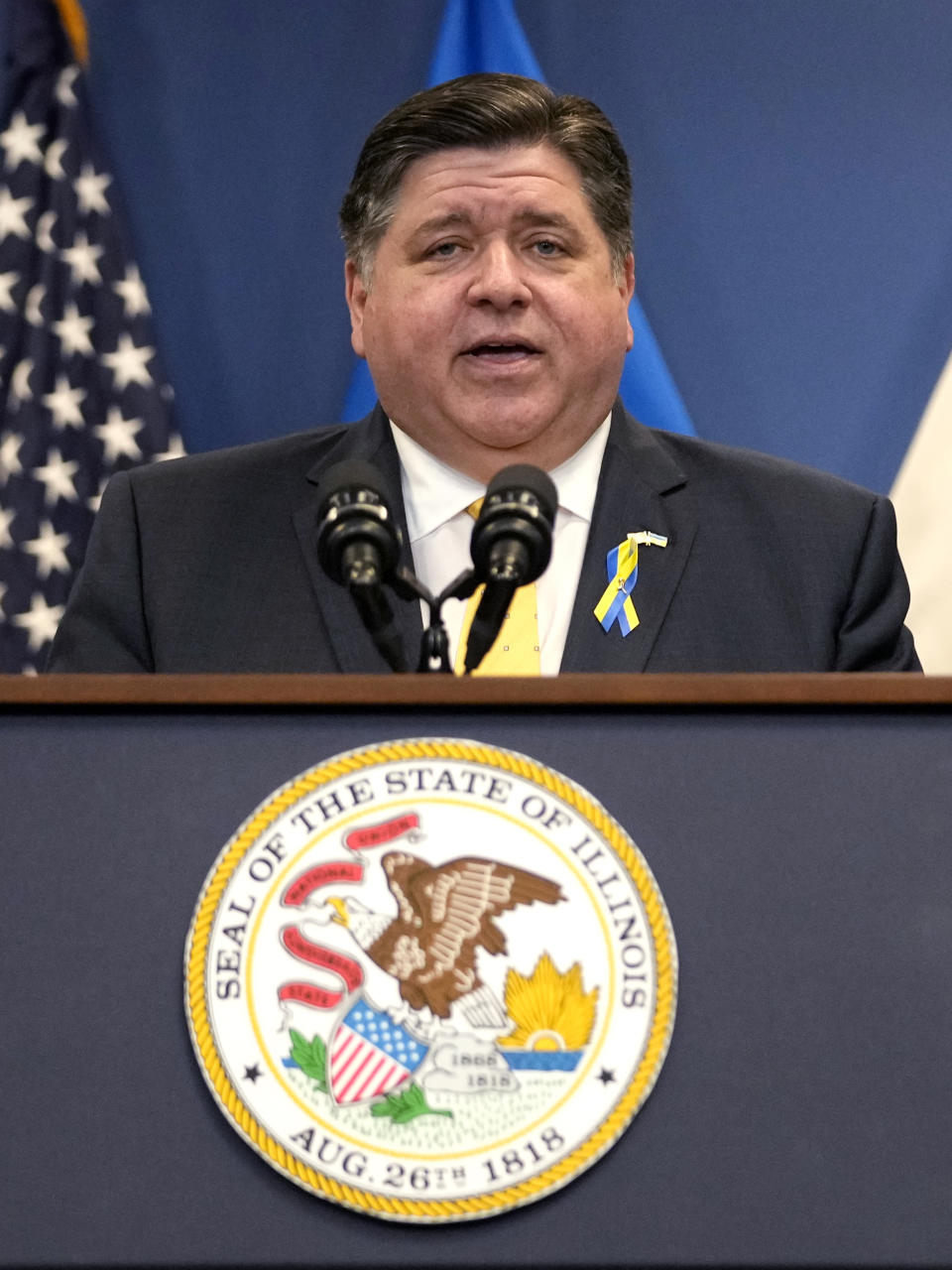 Illinois Gov. J.B. Pritzker speaks at a news conference in Chicago, Tuesday, April 16, 2024. Ukrainian Prime Minister Denys Shmyhal, Illinois Governor Pritzker, and U.S. Special Representative for Ukraine's Economic Recovery Penny Pritzker delivered joint remarks recognizing the Illinois-Ukraine partnership. (AP Photo/Nam Y. Huh)