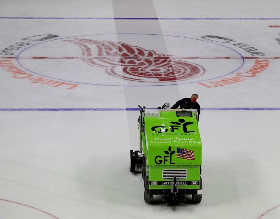 Detroit Red Wings' Zamboni driver Al Sobotka clears the ice for practice at Little Caesars Arena, Monday, Jan. 4, 2021.