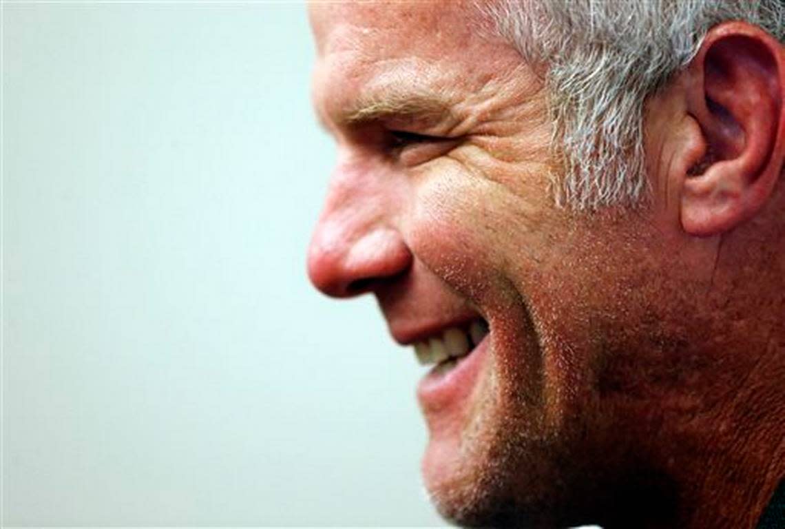 Former NFL quarterback Brett Favre, a Southern Mississippi alumnus laughs with reporters prior to his induction to the Mississippi Hall of Fame in Jackson, Miss., Saturday, Aug. 1, 2015. Favre joins a group of distinguished Mississippi athletes and coaches including former NBA player Clarence Weatherspoon, also a Southern Mississippi alumnus in this year’s class of inductees.