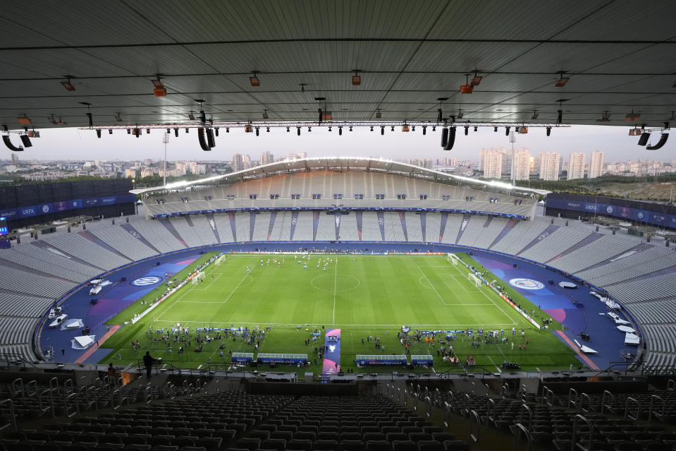 Manchester City players train at the Ataturk Olympic Stadium in Istanbul, Turkey, Friday, June 9, 2023. Manchester City and Inter Milan are making their final preparations ahead of their clash in the Champions League final on Saturday night. (AP Photo/Thanassis Stavrakis)
