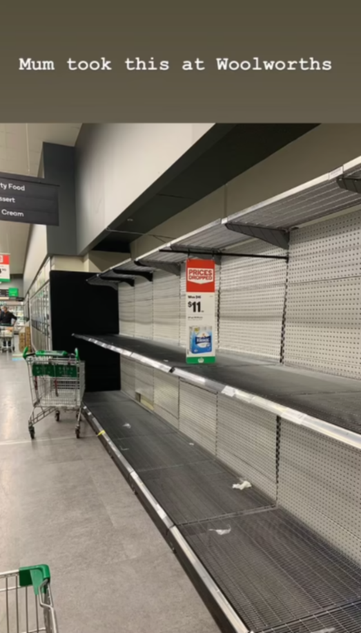 Rebel Wilson showing empty shelves at Woolies