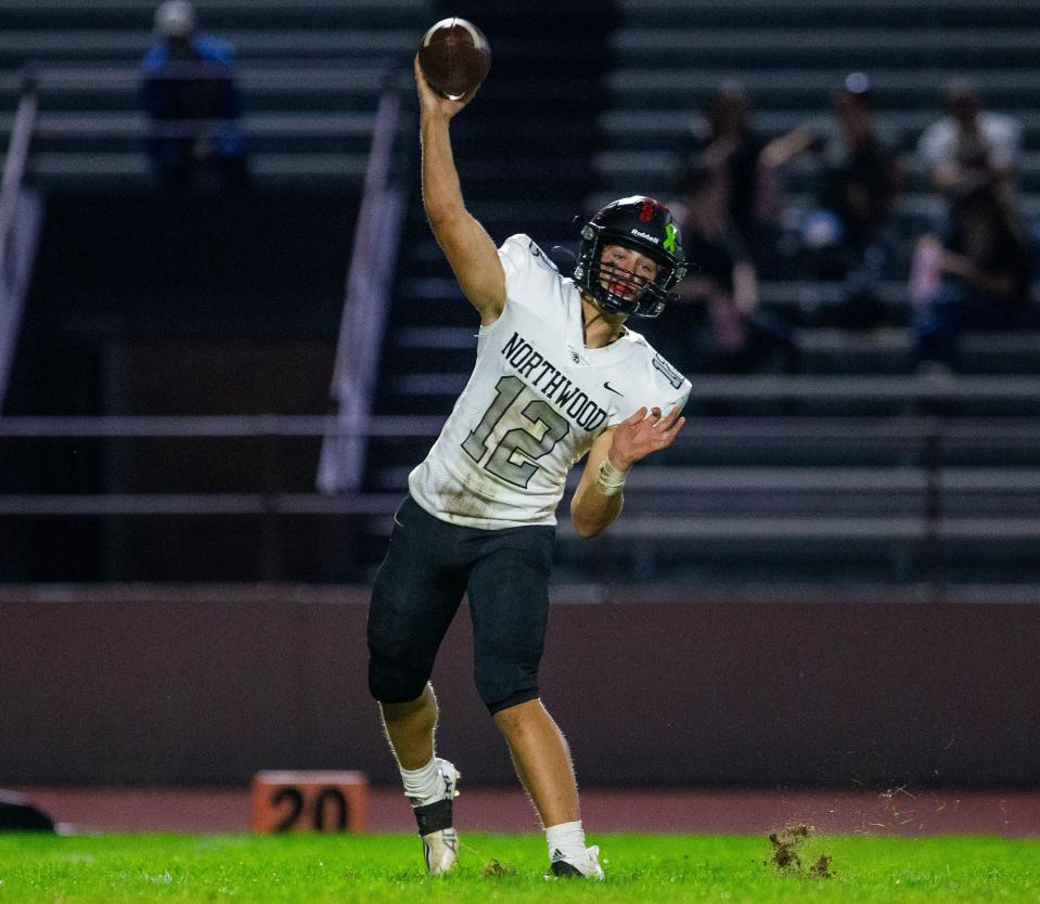 NorthWood's Owen Roeder throws the ball during the Mishawaka vs. NorthWood football game Friday, Oct. 1, 2021 at Mishawaka High School. 