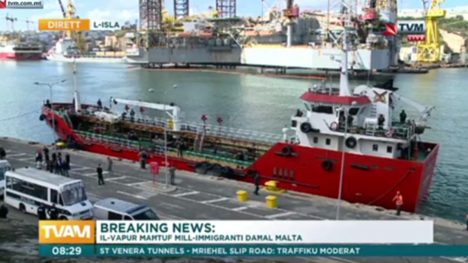 This image taken from TVM video on Thursday March 28, 2019 shows armed forces onboard the Turkish oil tanker El Hiblu 1 in Valletta, Malta, which was hijacked by migrants. A Maltese special operations team on Thursday boarded a tanker that had been hijacked by migrants rescued at sea, and returned control to the captain, before escorting it to a Maltese port. (TVM via AP)