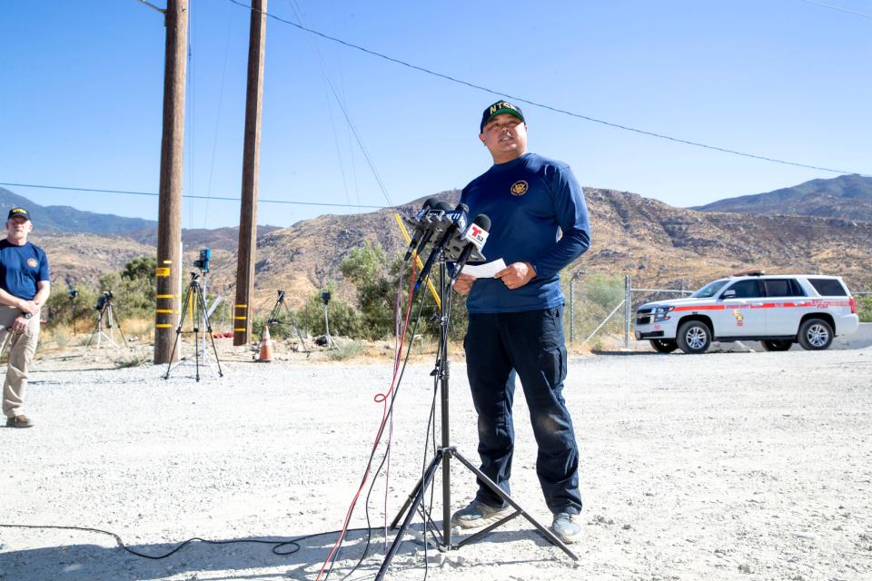 National Transportation Safety Board Air Safety Investigator Eleazar Nepomuceno speaks during a media briefing regarding the investigation of the midair collision between two firefighting helicopters the day prior, in Cabazon, Calif., on Monday, August 7, 2023.
