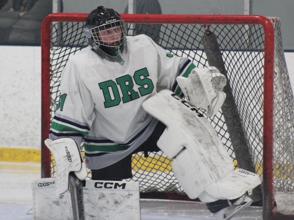 Dighton-Rehoboth/Seekonk goalie Sam Bastis comes up after making a save during an MIAA-RIIL crossover game against South Kingstown/Westerly.