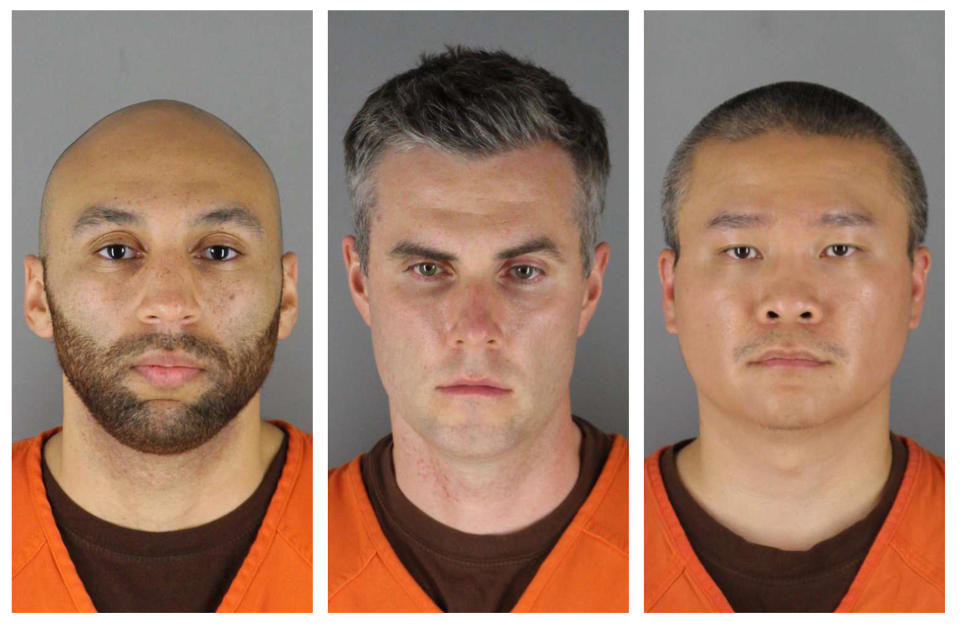 FILE - This combination of photos provided by the Hennepin County Sheriff's Office in Minnesota on Wednesday, June 3, 2020, shows from left, former Minneapolis police Officers J. Alexander Kueng, Thomas Lane and Tou Thao. Attorneys for the state and for the three former officers charged in the death of George Floyd are making oral arguments Thursday, May 20, 2021, before the Minnesota Court of Appeals. (Hennepin County Sheriff's Office via AP File)