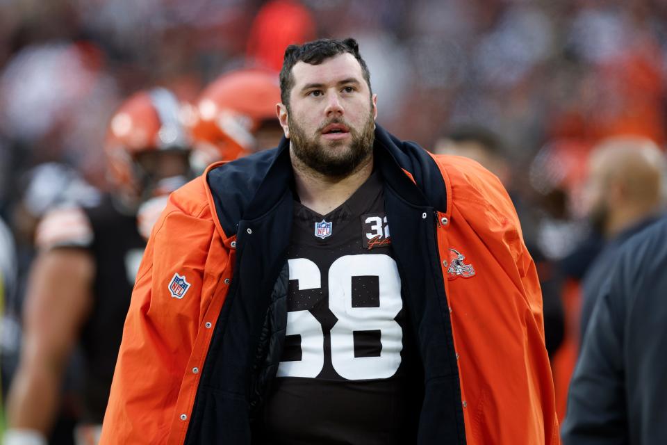 Browns guard Michael Dunn stands on the sideline during the second half against the Jacksonville Jaguars, Sunday, Dec. 10, 2023, in Cleveland.