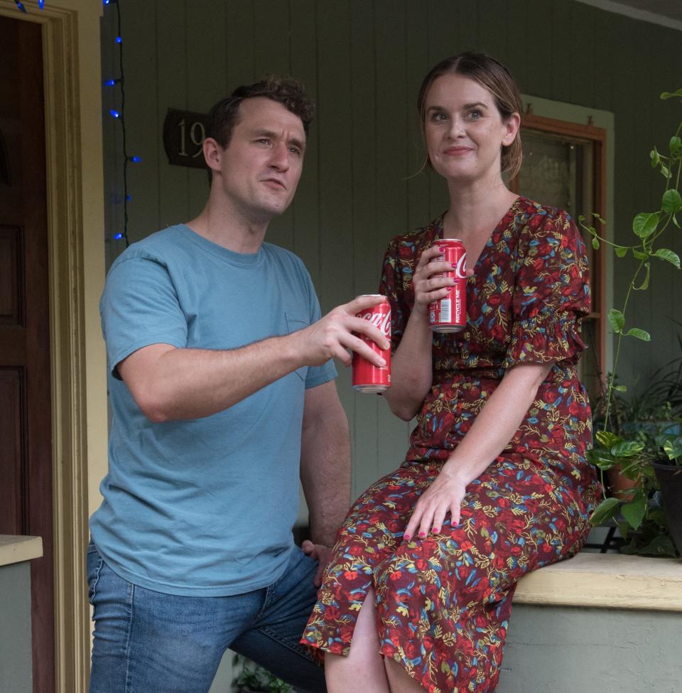 Blake Price, left, and Rachel Moulton, play school teachers who become neighbors and friends in Audrey Cefaly’s play “Maytag Virgin” at Florida Studio Theatre.