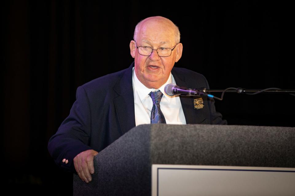 Hall Of Fame inductee Tom Thornburg gives his speech as he is inducted into the Hall of Fame during the 2022 Polk County All Sports Awards at the RP Funding Center in Lakeland  Fl. Tuesday June 14,  2022.  ERNST PETERS/ THE LEDGER