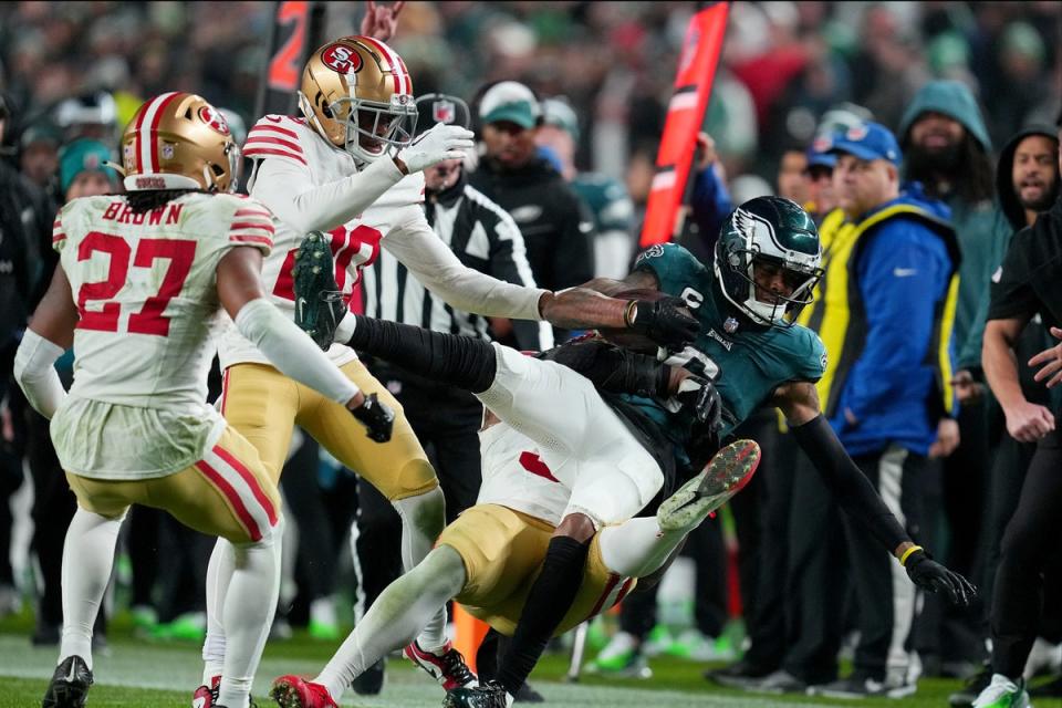 Dre Greenlaw’s tackle on DeVonta Smith led to a scuffle (Getty Images)