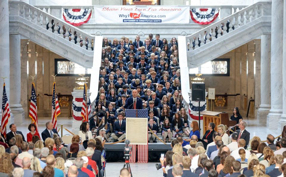 Gov. Spencer Cox speaks during the Constitution Month kickoff event at the Capitol in Salt Lake City on Thursday, Aug. 31, 2023. | Kristin Murphy, Deseret News