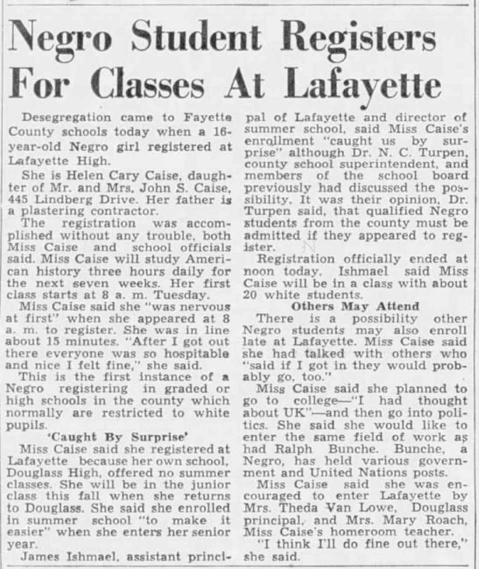 The June 6, 1955 story about Helen Caise integrating Lexington schools.