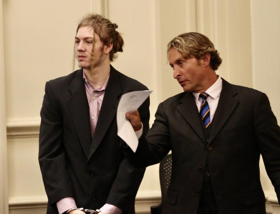 Andrew Huber Young, 19, with his attorney during a bail hearing Friday, Juy 29, 2022, in York County Superior Court in Alfred, Maine. Huber Young is charged with murder in the shooting death of 22-month-old Octavia Huber Young.