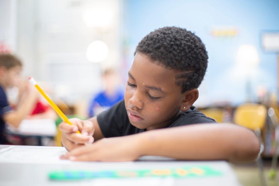 Ha’son Baugh, 9, attends his fourth grade class taught by Jennifer Potts at Joseph Brown Elementary School during the first day of classes at Maury County Public Schools on Thursday, Aug. 1, 2019.