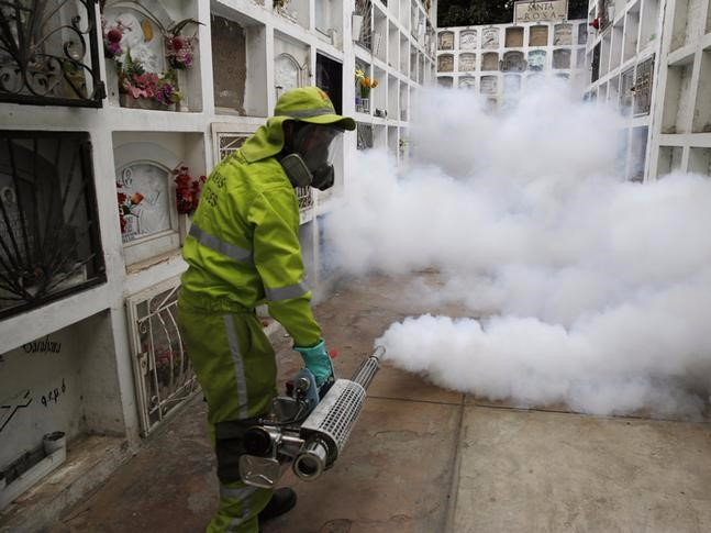 A health worker fumigates the cemetery of Surco to prevent Zika virus and other mosquito-borne diseases in Lima, Peru February 5, 2016. REUTERS/Mariana Bazo