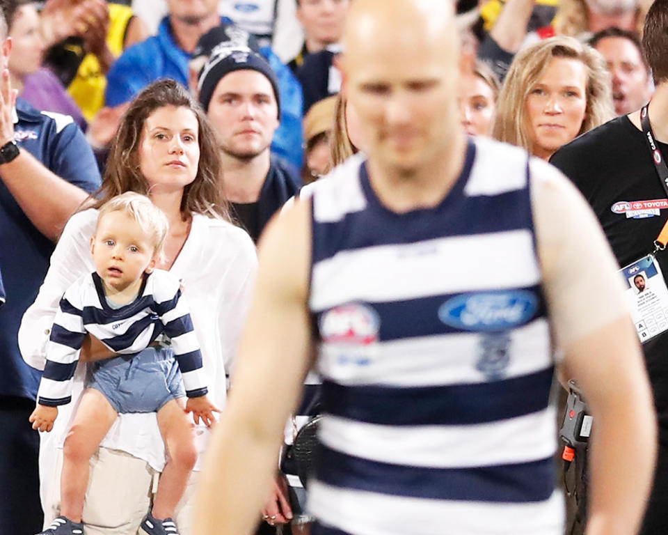 Jordan and Levi Ablett, pictured here after Gary's loss in the 2020 AFL grand final.