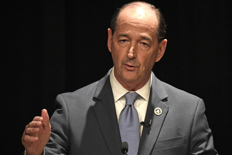 In this Wednesday, April 24, 2019 photo, Democratic candidate for Kentucky governor, state Rep. Rocky Adkins, D-Sandy Hook, responds during a debate at Transylvania University in Lexington, Ky. The three leading Kentucky Democrats on the May primary ballot agree their state badly needs a new chief executive. (AP Photo/Timothy D. Easley)