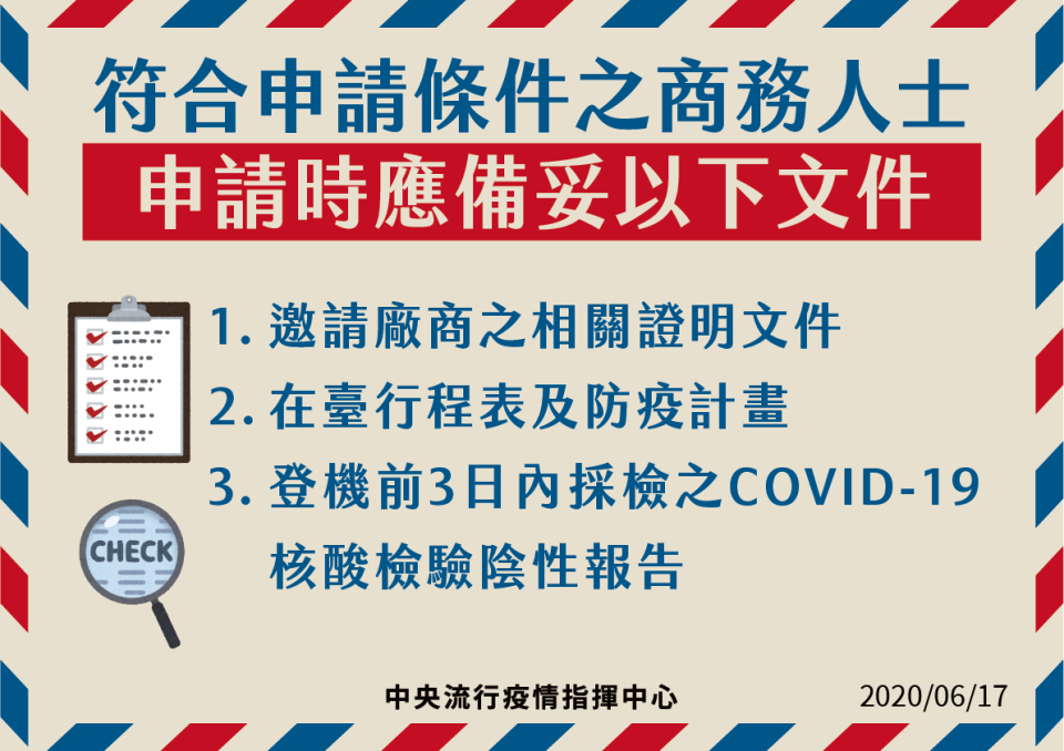 符合申請條件之商務人士，申請時應備妥這些文件   圖：中央流行疫情指揮中心/提供