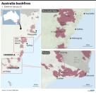 Maps showing the extent of bushfires in Australia's Victoria and New South Wales states on January 10