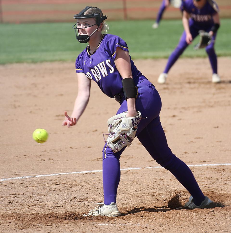 Watertown's Kinsley VanGilder tosses a pitch to the plate during the Arrows' 18-13 Class AA SoDak 16 state-qualifying softball victory over Brookings on Wednesday, May 22 in Brookings.