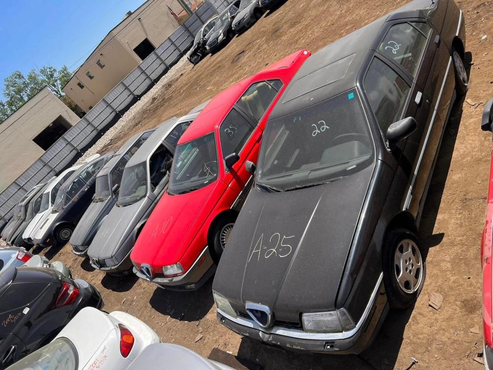 A series of historic Alfa Romeos in a junkyard