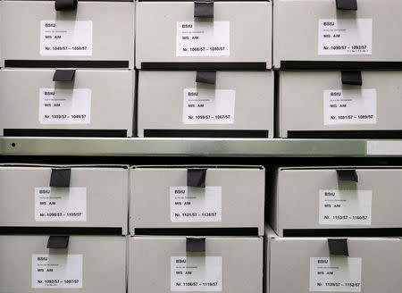 A shelf containing documents of the former East German Ministry for State Security (MfS), known as the Stasi, is pictured at the central archives office in Berlin, Germany, March 12, 2019. Picture taken March 12, 2019. REUTERS/Fabrizio Bensch