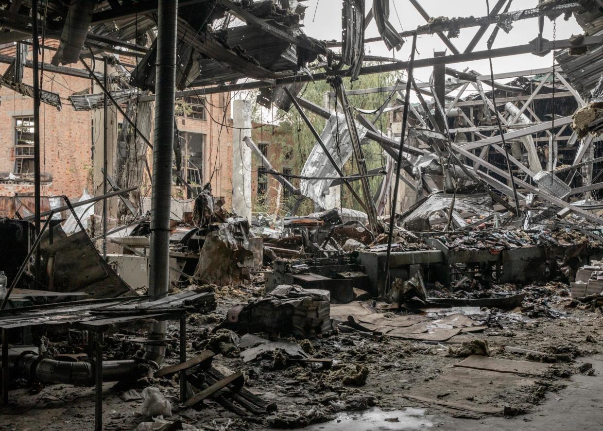 <span>Ukraine’s Factor Druk printing house, after being destroyed by a Russian missile in May.</span><span>Photograph: Jędrzej Nowicki/the Guardian</span>