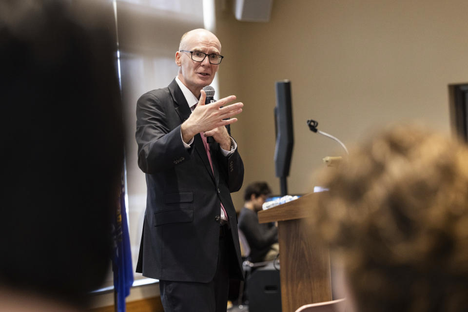 FILE - James Beeby addresses students and faculty during a chancellor candidate's forum, Monday, March 4, 2024, in La Crosse, Wis. The regents announced Wednesday, March 13, that Beeby, a New Hampshire provost with a background in African American history, will replace University of Wisconsin-La Crosse Chancellor Joe Gow, who lost his job last year after producing and appearing in pornographic videos. (Saskia Hatvany/La Crosse Tribune via AP, File)