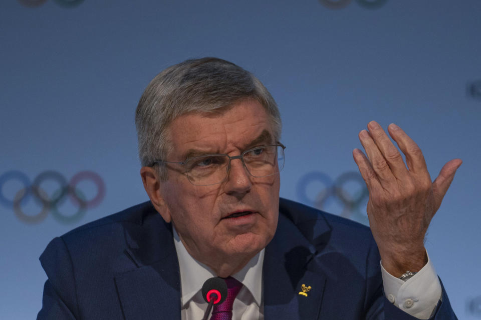 International Olympic Committee (IOC) President Thomas Bach speaks at a press conference after the second day of the 141st IOC session in Mumbai, India, Monday, Oct. 16, 2023. (AP Photo/Rafiq Maqbool)