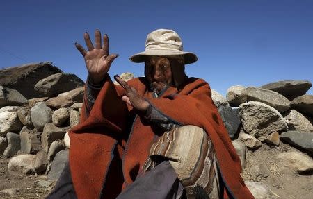 Aymara Indian Carmelo Flores gestures during an interview with Reuters TV in his hometown of Frasquia, 110km (68 miles) north of La Paz, August 16, 2013. REUTERS/David Mercado