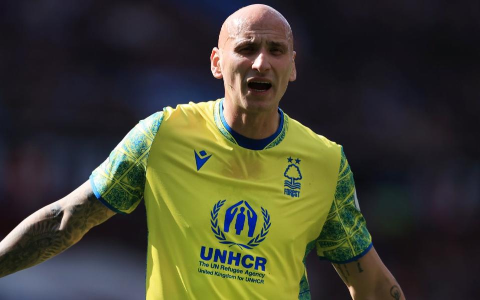 Jonjo Shelvey of Nottingham Forest gestures during the Premier League match at Aston Villa on April 8, 2023