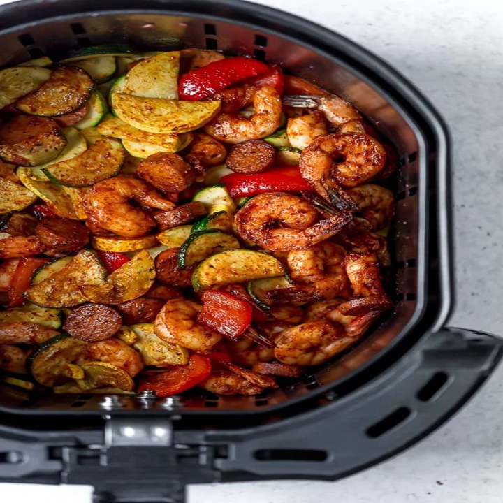 Cajun shrimp with veggies and sausage in the air fryer.