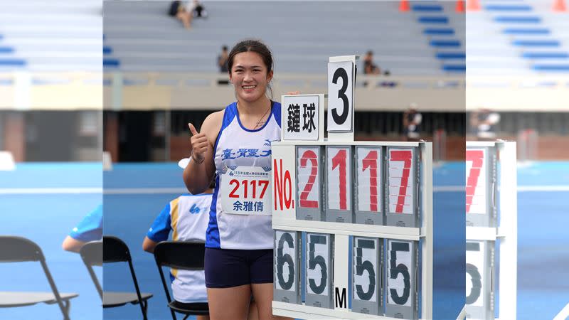 余雅倩7日在全大運田徑公開女生組鏈球決賽，擲出65公尺55打破大會紀錄摘下金牌。（圖／113年全大運執委會提供）