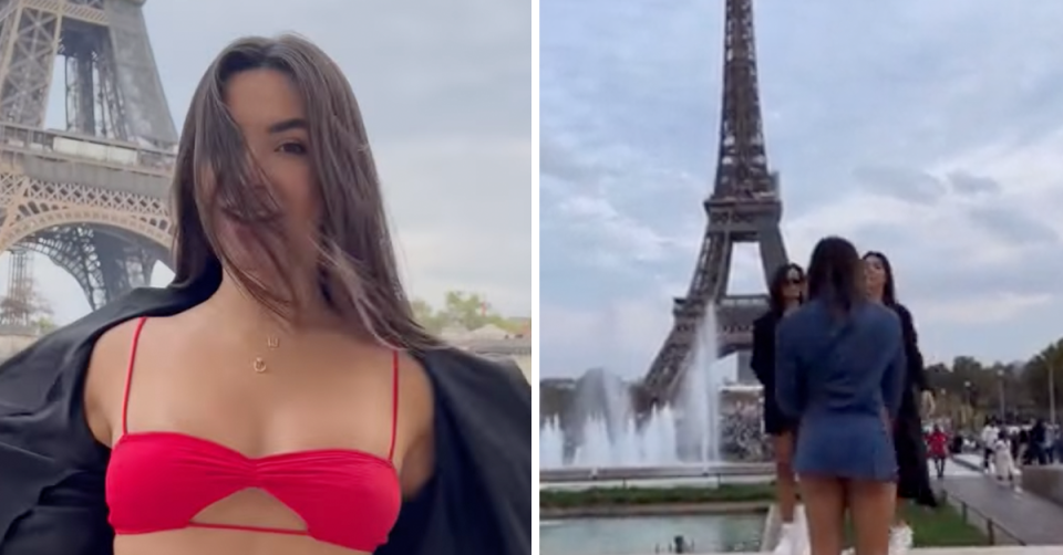 An influencer shows off a red bikini while in front of the Eiffel Tower. 