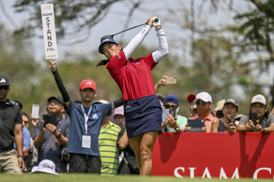 Celine Boutier of France prepares to tee off on the 6th hole during the final round of the LPGA Honda Thailand golf tournament in Pattaya, southern Thailand, Sunday, Feb. 26, 2023. (AP Photo/Kittinun Rodsupan)