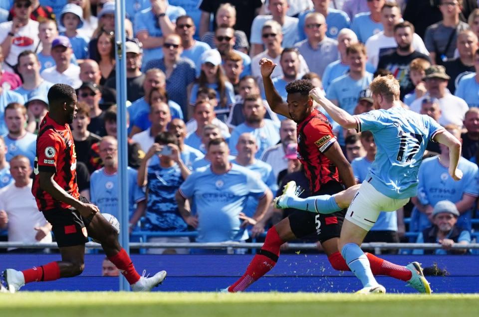 Manchester City’s Kevin de Bruyne scores his side’s second goal against Bournemouth (Martin Rickett/PA) (PA Wire)