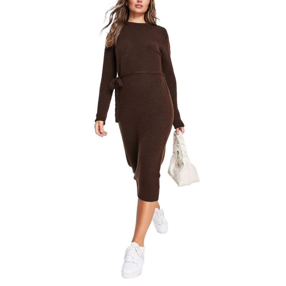 ASOS DESIGN knit midi dress with tie waist in brown