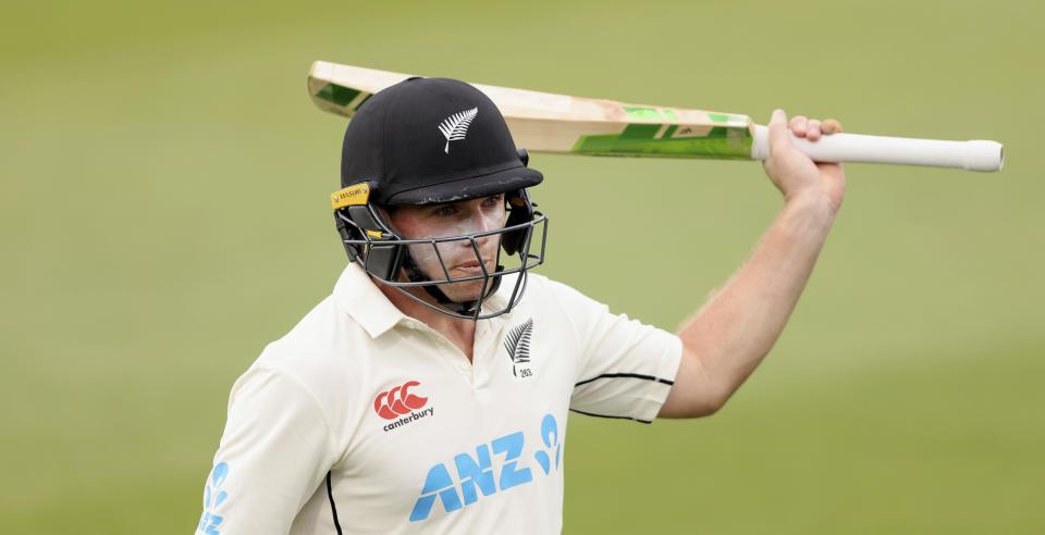 Tom Latham plays as he is 150 runs not out during play on day one of the second cricket test between Bangladesh and New Zealand at Hagley Oval in Christchurch, New Zealand, Sunday, Jan. 9, 2022. (Martin Hunter/Photosport via AP)