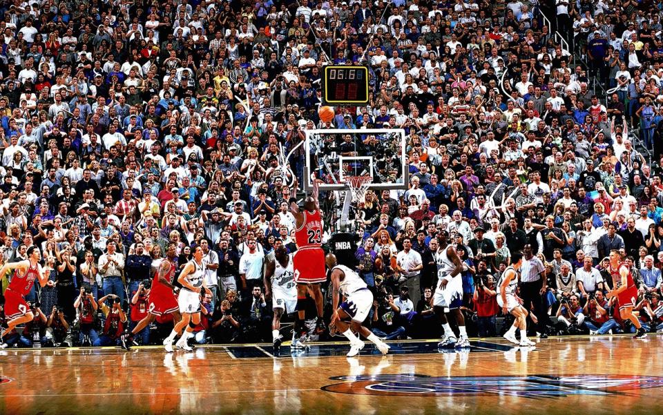 Chicago Bulls legend Michael Jordan made this shot to win the 1998 NBA Finals against the Utah Jazz. (Getty Images)