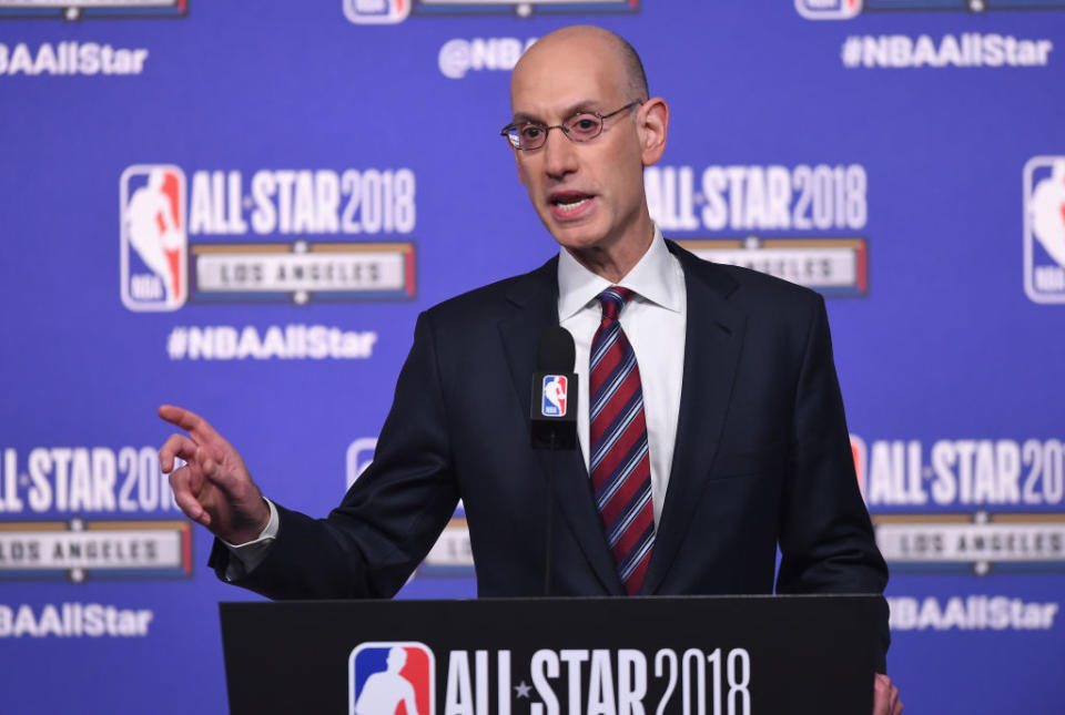 NBA Commissioner Adam Silver speaks during a press conference at Staples Center on Feb. 17, 2018, in Los Angeles. (Getty)