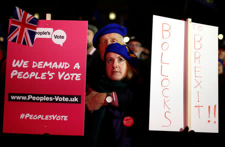 Protesters react after the result was announced on Prime Minister Theresa May's Brexit deal, outside the Houses of Parliament in London, Britain, January 15, 2019. REUTERS/Henry Nicholls