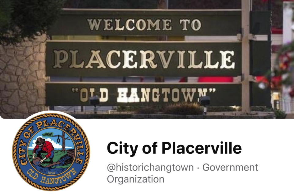 Ein Screenshot der Facebook-Seite von Placerville zeigt das offizielle Logo. Samt Goldschürfer und Schlinge im Hintergrund. Foto:  City of Placerville / Facebook via AP