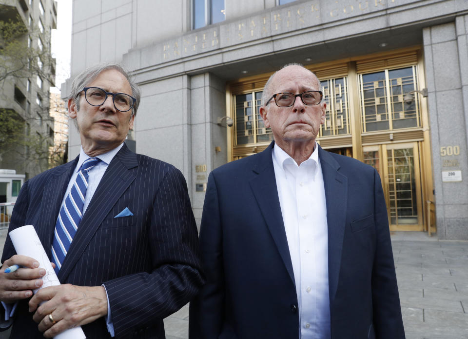 Former Rochester Drug Co-Operative CEO Laurence Doud III, right, pauses outside US. District Court in Manhattan with his attorney Robert C. Gottlieb, to talk to the media, Tuesday, April 23, 2019, in New York. Prosecutors allege Doud ignored red flags to turn his drug distributor into a supplier of last resort as the opioid crisis raged. (AP Photo/Kathy Willens)