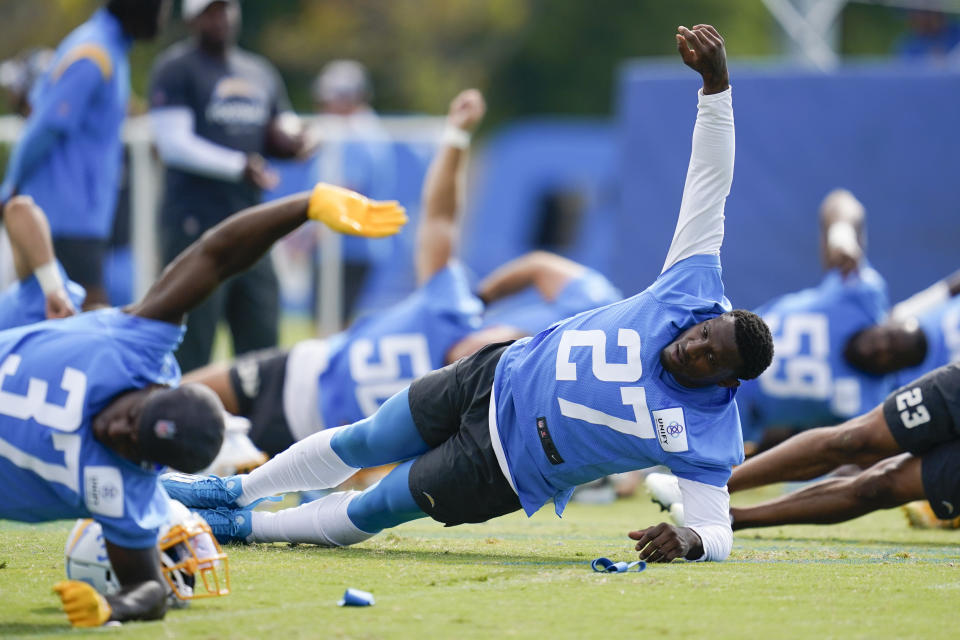 Los Angeles Chargers cornerback J.C. Jackson (27) participates in drills at the NFL football team's practice facility in Costa Mesa, Calif. Saturday, July 30, 2022. (AP Photo/Ashley Landis)