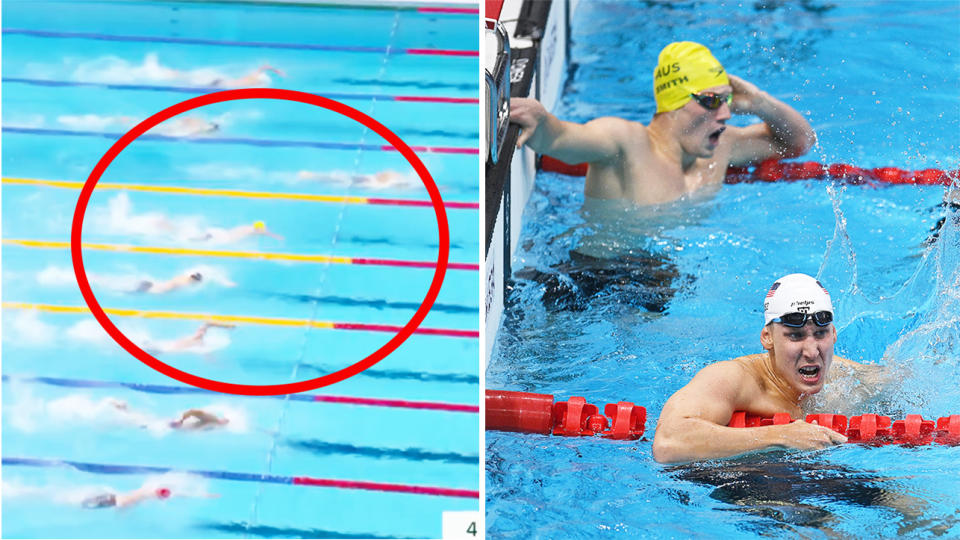 Aussie Brendon Smith (pictured left) closing the gap in the 400m medley final to grab bronze behind winner Chase Kalisz (pictured far right).