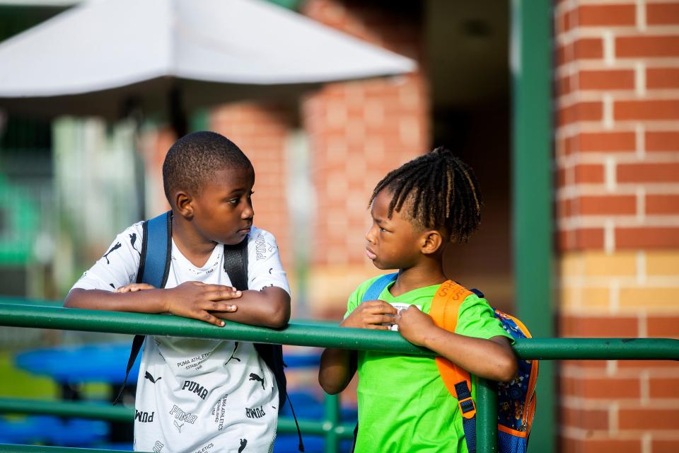 Students at Bond Elementary School talk ahead of the start of the first day of school on Wednesday, Aug. 10, 2022 in Tallahassee, Fla. 