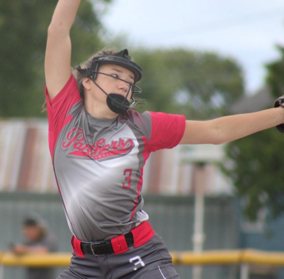 Pitcher Charlotte Box of Presque Isle Panthers-George deals during a 14U clash against the Northern Michigan Cyclones at the Cheboygan rec softball field on Friday, July 29.