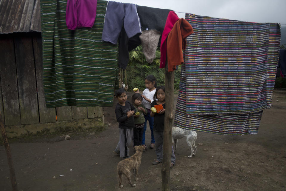 Neighbors of 8-year-old Felipe Gomez Alonzo snack on chayote while standing in their yard in Yalambojoch, Guatemala, Saturday, Dec. 29, 2018. The community is populated by families who fled to Mexico during the bloodiest years of this country's 1960-1996 civil war but returned after the signing of peace accords. (AP Photo/Moises Castillo)