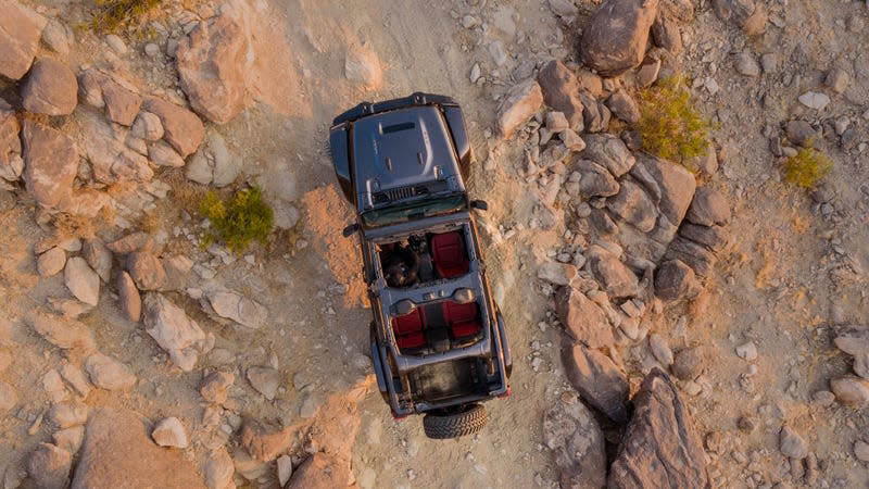 Jeep Wrangler seen offroad from overhead