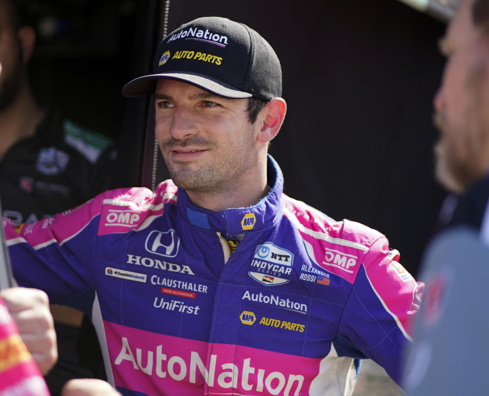 FILE - Alexander Rossi talks following practice for an IndyCar auto race at Indianapolis Motor Speedway, May 13, 2022, in Indianapolis. The IndyCar season begins Sunday, March 5, 2023, with the Grand Prix of St. Petersburg.(AP Photo/Darron Cummings, File)